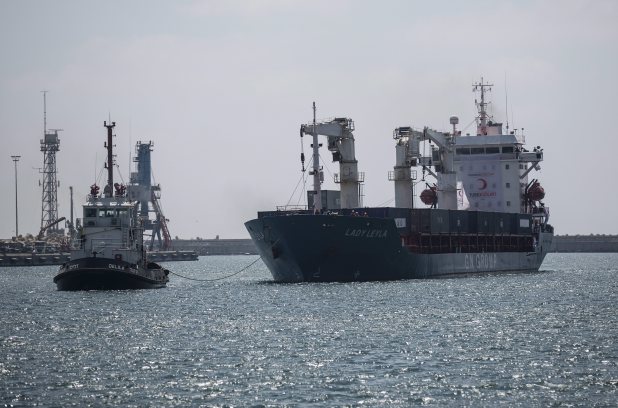Panama-flagged "Lady Leyla", a ship carrying Turkish humanitarian aid to Gaza, arrives at the port in the city of Ashdod, Israel, Sunday, July 3, 2016. The first Turkish aid shipment to Gaza since Ankara reconciled with Israel after a six-year spat has arrived in an Israeli port Sunday with 10,000 tons of aid, including food, toys, clothes and shoes destined for Gaza ahead of the upcoming Muslim holiday of Eid al-Fitr. (AP Photo / Tsafrir Abayov)